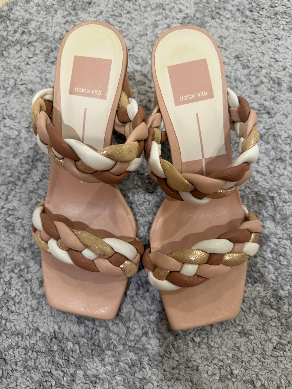 Dolce Vita Braided Two-Strap Heels in Tan, White & Gold